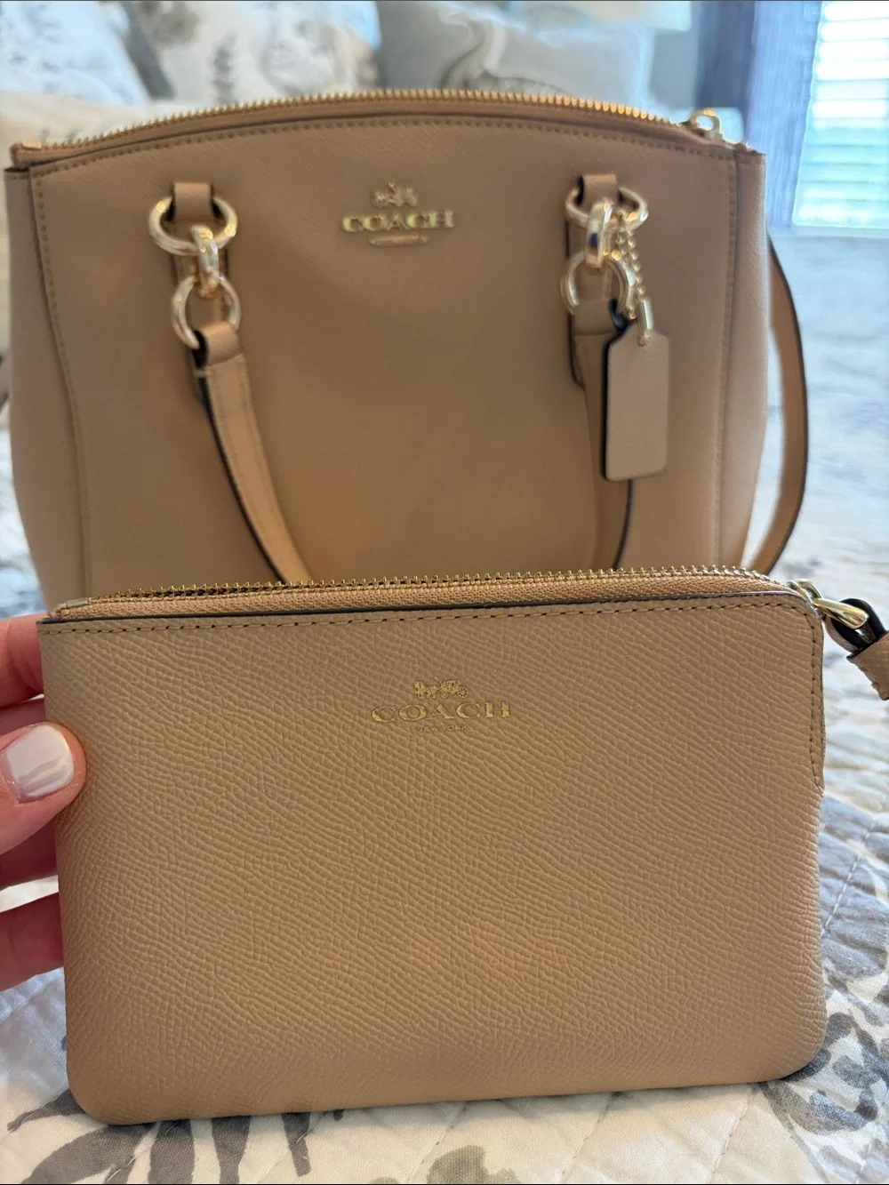 Coach Pebbled Leather Satchel in Beige with Gold Hardware with Matching Wristlet